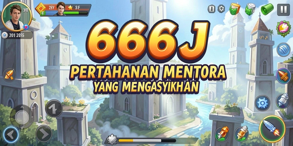 Tangkapan layar dari gameplay Tower Defense 666J dengan menara yang aktif.