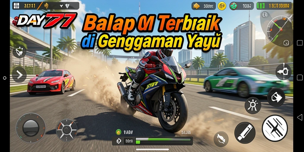 Tangkapan layar gameplay yang menampilkan aksi balap motor yang seru di DAY777.