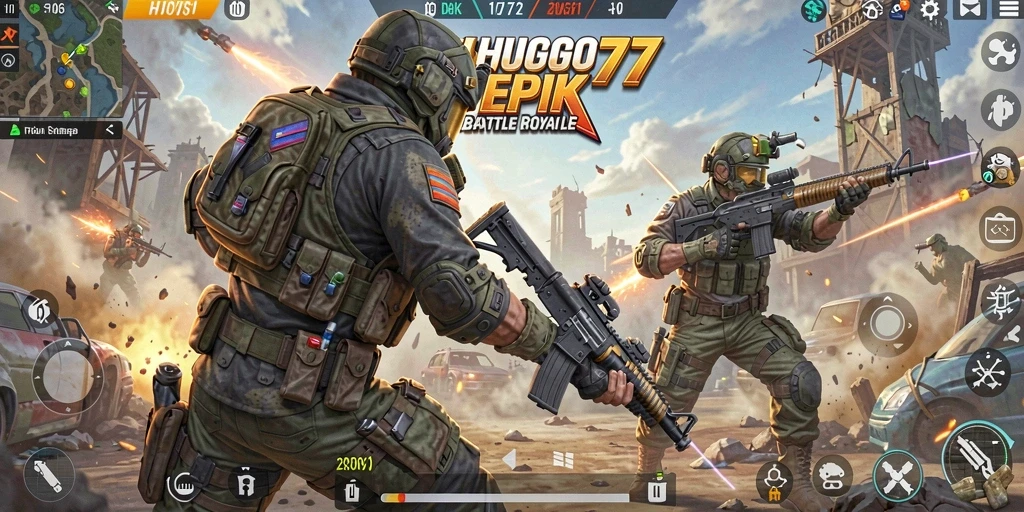 Tangkapan layar gameplay HUGO77 menampilkan aksi pertempuran yang intens dan menegangkan.