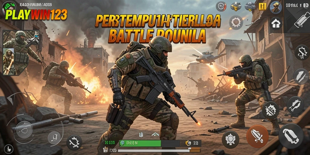 Tampilan aksi seru dari gameplay PLAYWIN123 dalam pertempuran Battle Royale.