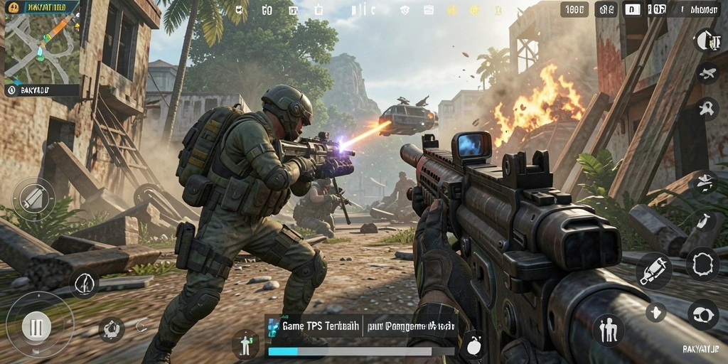 Tangkapan layar gameplay utama RAKYATJP yang menampilkan aksi TPS yang seru.