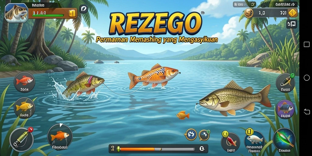 Tampilan utama gameplay REZEGO dengan aksi memancing yang seru.