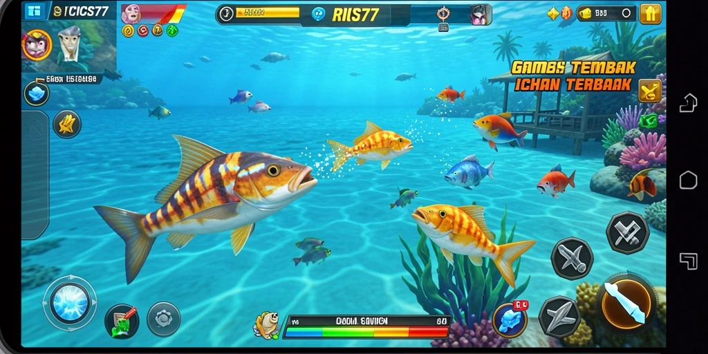 Tampilan gameplay RICIS77 dengan aksi menembak ikan yang seru.
